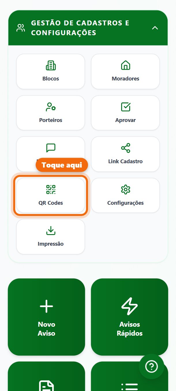 Passo 1: No painel, abra Gestão de Cadastros e Configurações e toque em QR Codes.