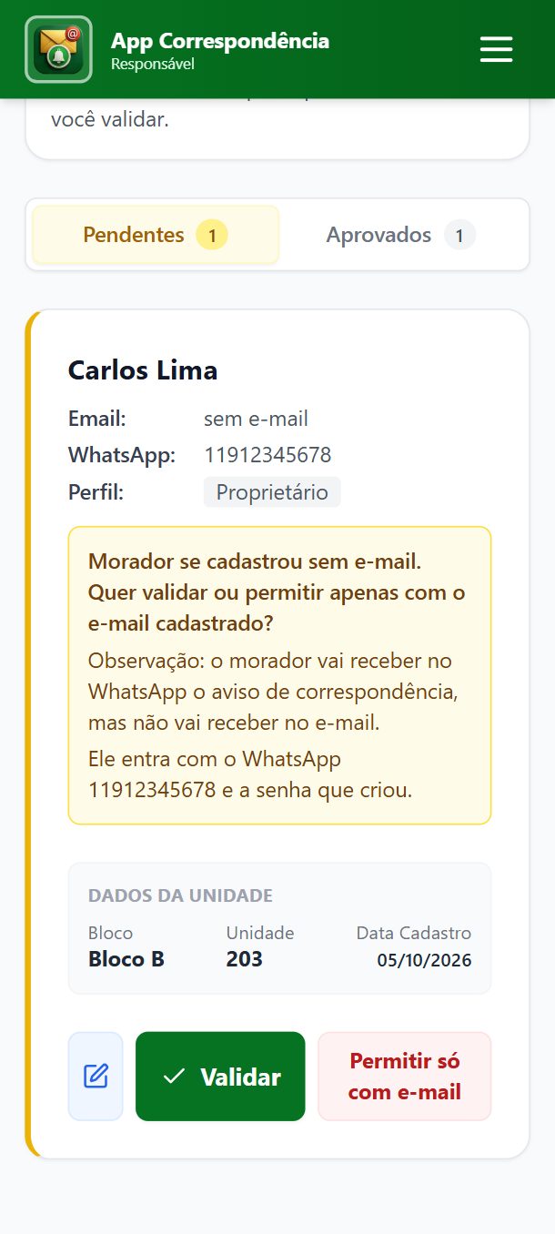 Passo 2: O aviso explica: sem e-mail, o morador recebe o aviso de correspondência no WhatsApp, mas não no e-mail.