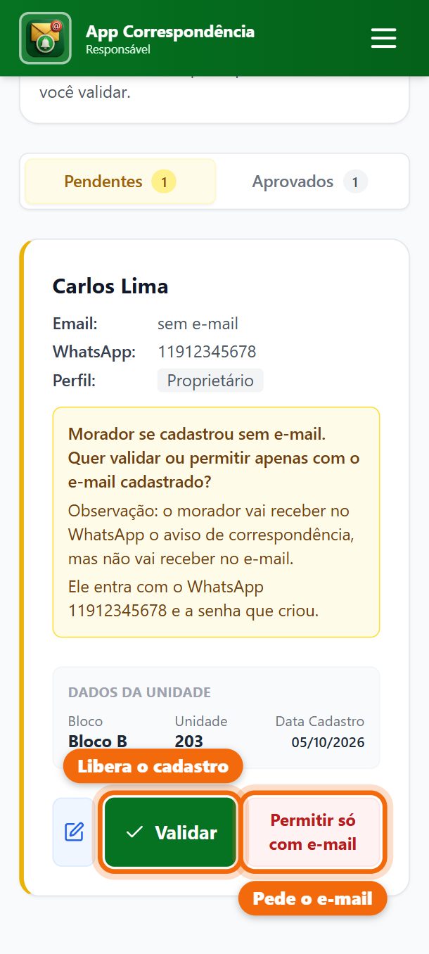 Passo 3: Toque em Validar para liberar. Ou em Permitir só com e-mail: o cadastro é recusado e o morador pode se cadastrar de novo com e-mail.