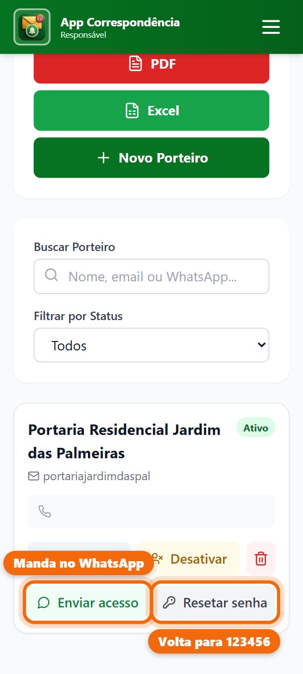 Passo 2: Enviar acesso manda de novo, pelo WhatsApp, o link, o login e a senha. Resetar senha volta a senha da portaria para 123456.