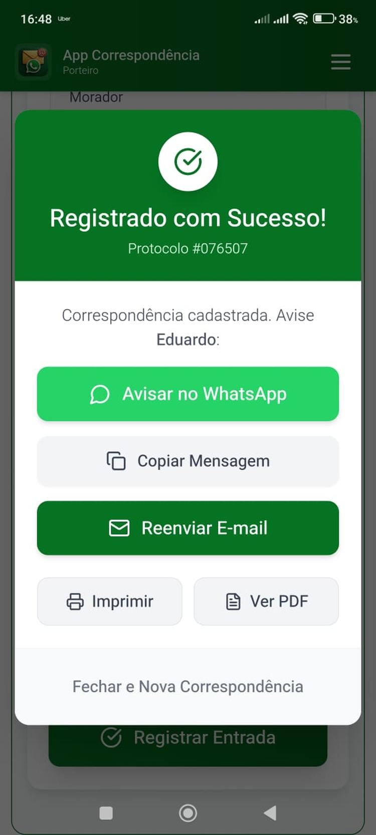 Correspondência registrada, com o botão para avisar no WhatsApp