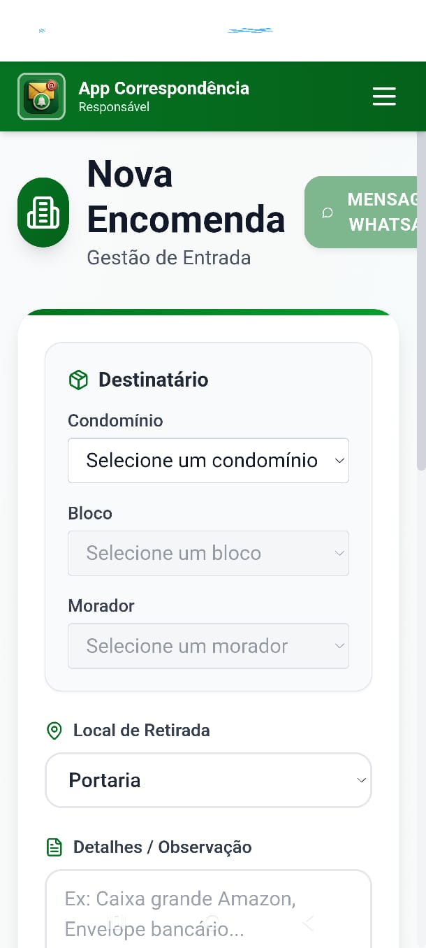 Tela Nova Encomenda com os campos de condomínio, bloco, morador e local de retirada