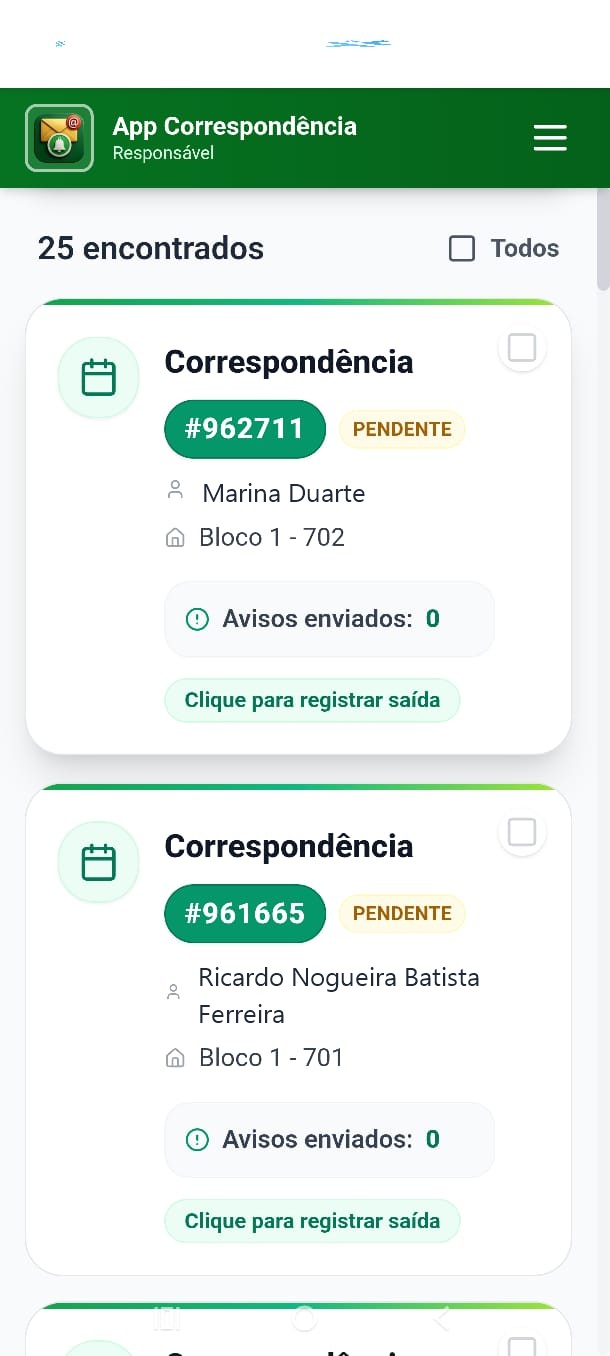 Lista de correspondências pendentes com protocolo, morador e apartamento