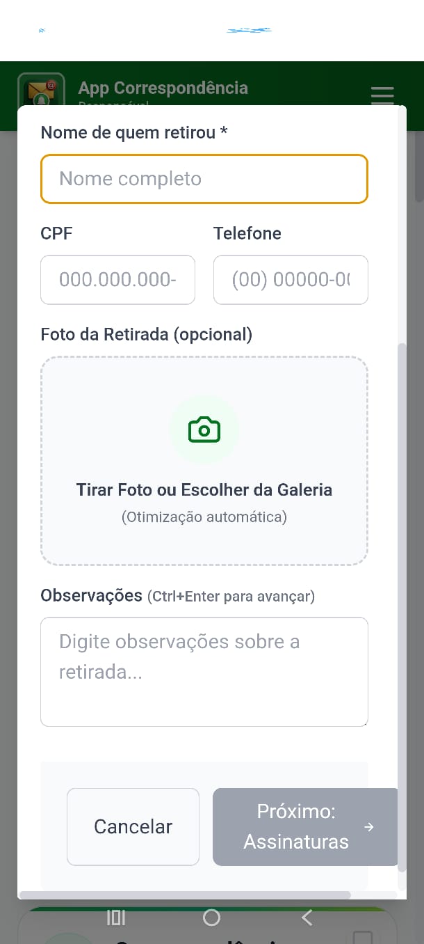Formulário com nome de quem retirou, CPF, telefone, foto e observações