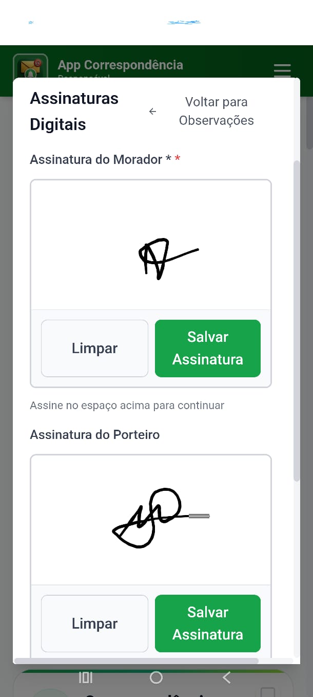 Tela de assinaturas digitais do morador e do porteiro